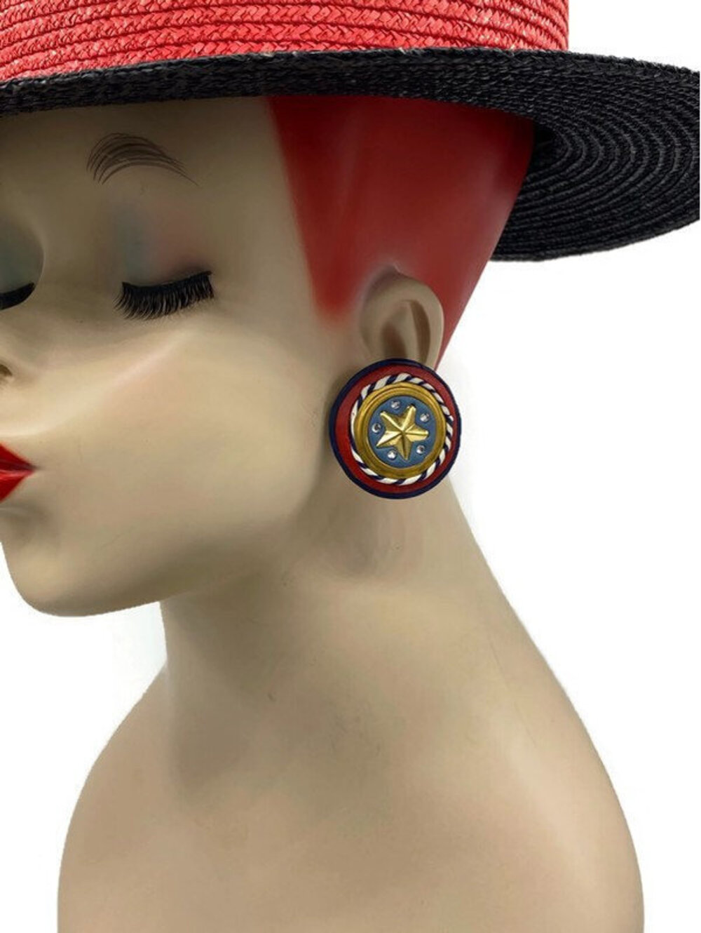 Artisan Fimo Chunky Red White Navy Blue Gold Star  Patriotic Clip Earrings 80s
